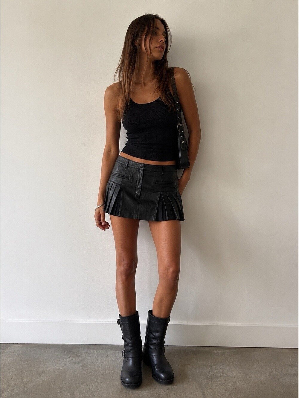 Alexander Wang Black Lamb Leather Pleated Mini Skirt Women's Size 2 Grunge